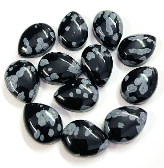 Natural Snowflake Obsidian 3x5mm To 10x14mm Pear Cabochon Calibrated Semi Precious Loose Gemstone - TeraGems